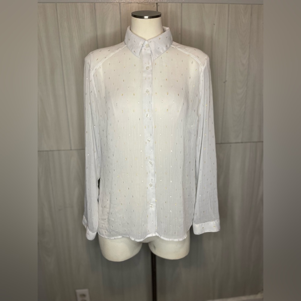 Express White Button-Down Shirt with Subtle Gold Dots